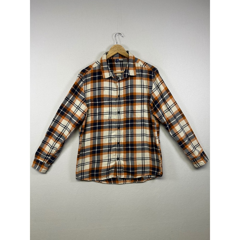 Grunge H&M‎ Divided Mens Size M Orange Navy Plaid Flannel Button Down Shirt